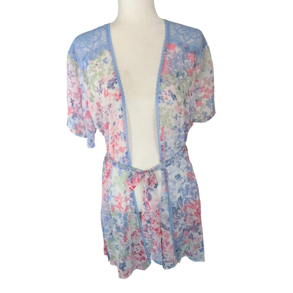 In Bloom by Jonquil Floral Lace Kimono Lounge Robe Cover Up Peri‎ Blue XS-S New